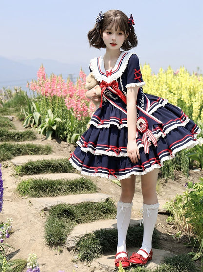 Matrosen-Set Lolita Navy Sommerkleid Rock Full OP Navycore Tiered Blue