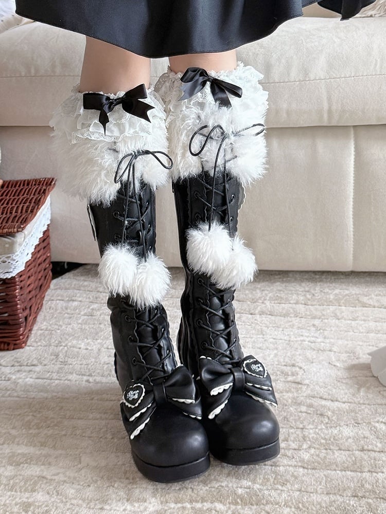 - Heeled PU Lolita Sweet Boots with Collar Design Plush Black