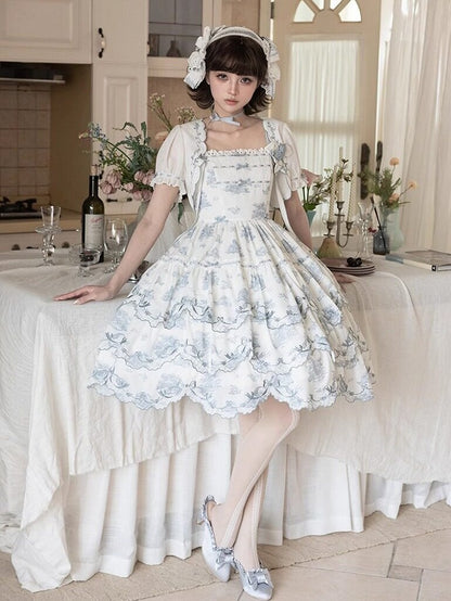 White Lace Trim Collar with Blue Floral Pattern - CEL