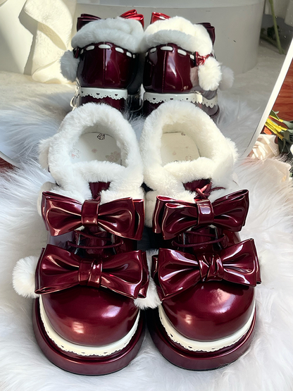 Lolita Weinrote süße Herz-Bowknot-Plateauschuhe mit Pompons