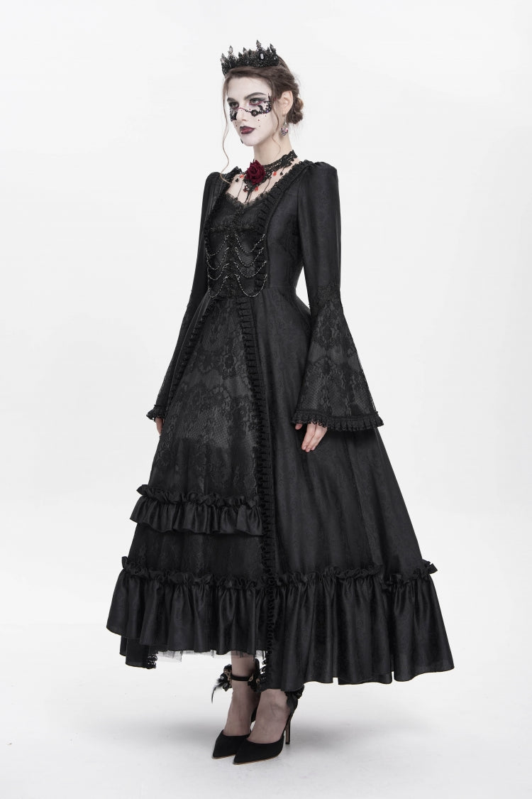 Black Long Sleeve Floral Embroidery Lace-Up Pleated Gothic Dress