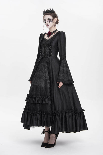 Black Long Sleeve Floral Embroidery Lace-Up Pleated Gothic Dress