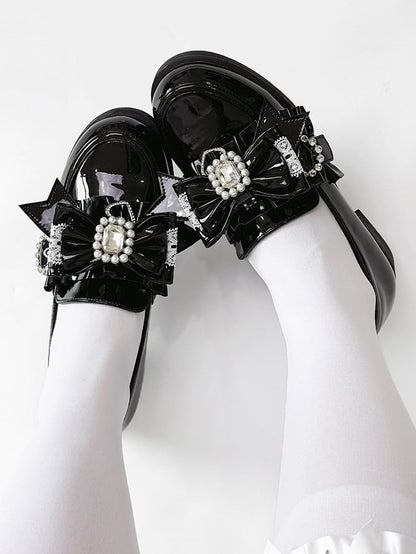 Jirai Detachable Polished Loafers Rhinestone - with Trim Design Black Slip-On Kei Beads And Decor Bow Ruffle