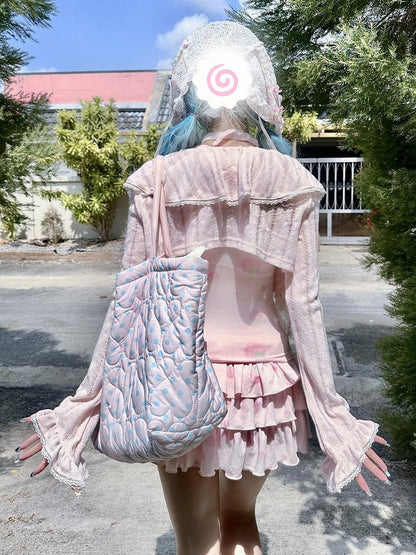 Ruffle Accents Semi-Sheer Trim Protection Pink Lace Sun Cascading Cardigan with