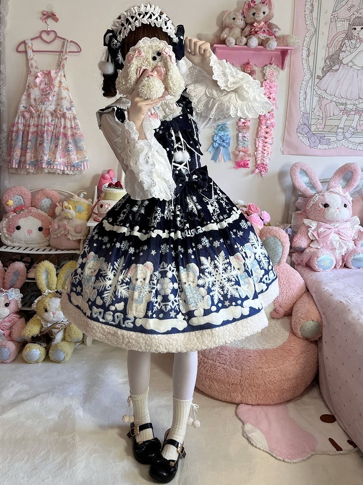 Winter Sweet Lolita Black-Dark Blue Gradient Dress with Teddy and Snowflake Print