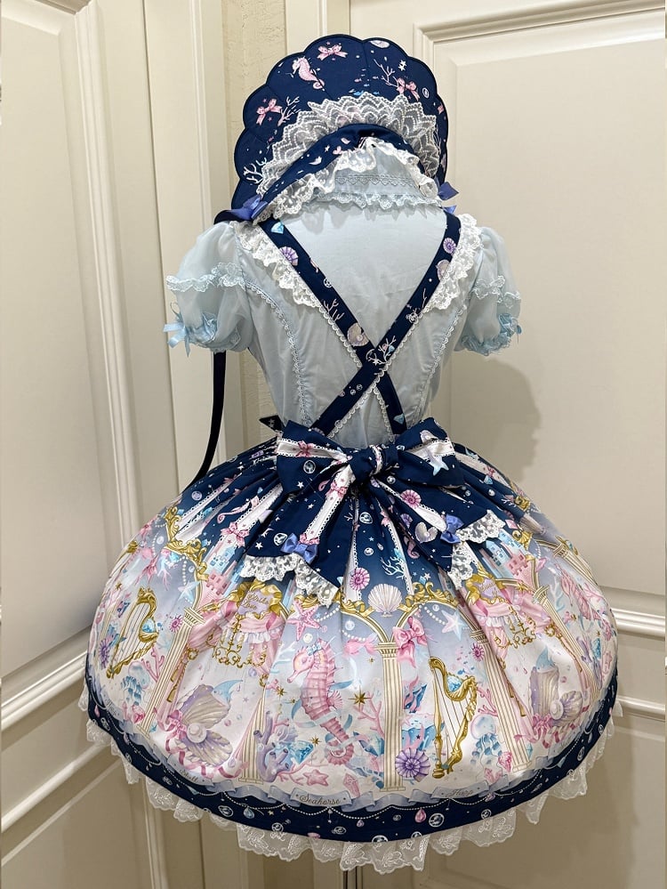 Seashell Print Dark Blue Sweet Lolita Skirt with Removable Straps
