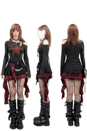Front, side and back styling of red tartan skirt