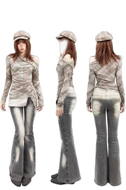 Front, side and back outfit with gray flared trousers