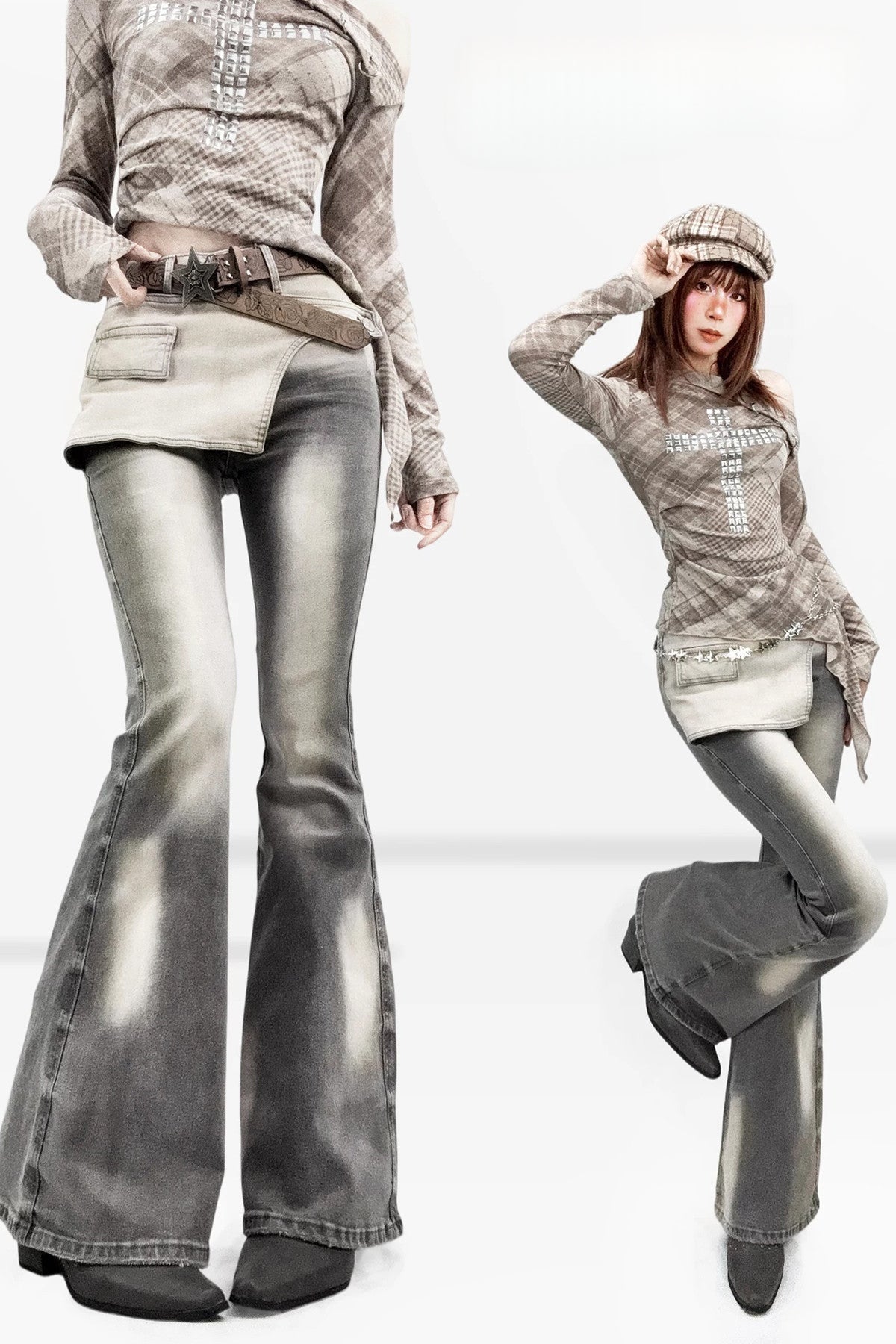 Distressed gray flared trousers in full styling