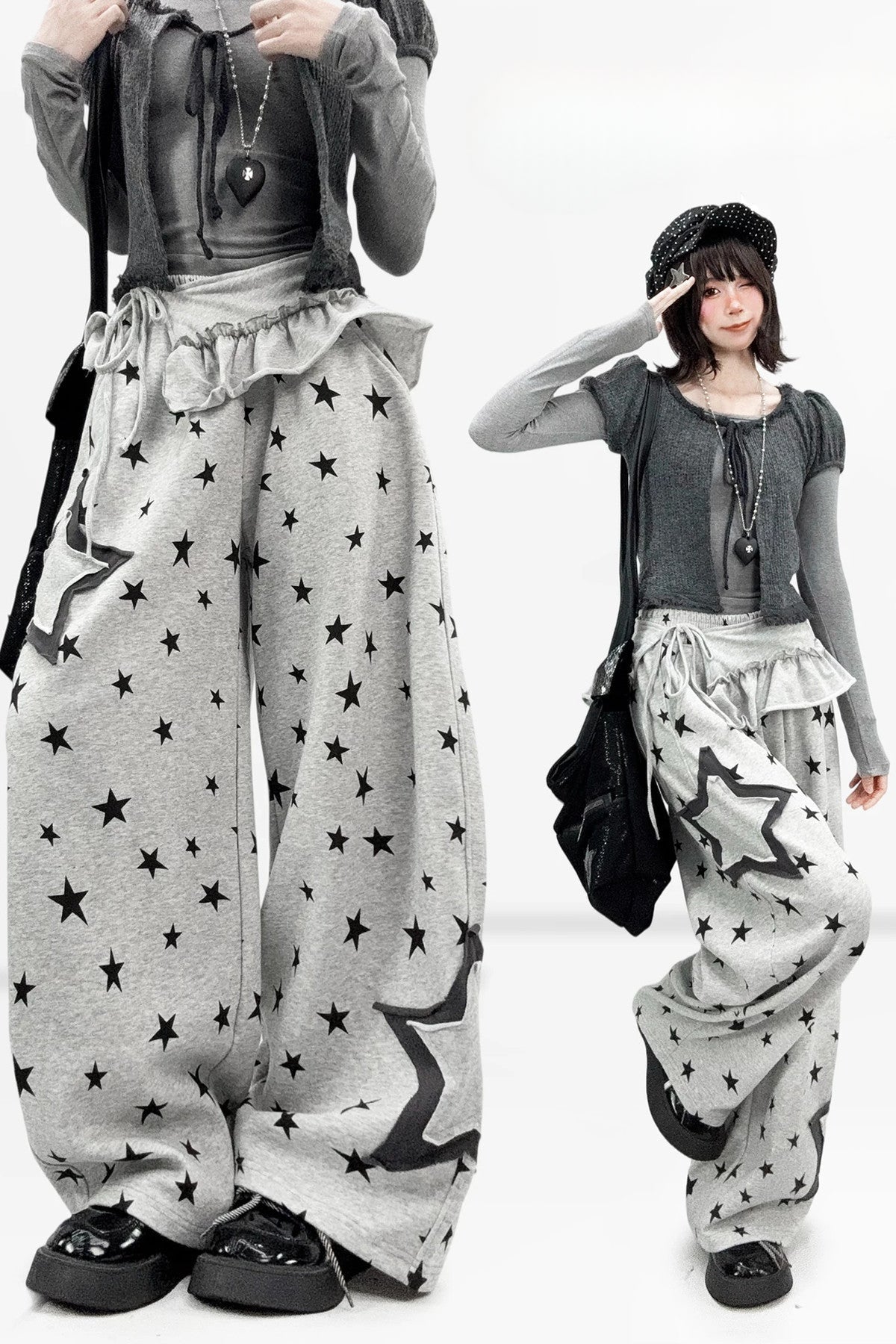 Gray wide-leg trousers with black star motifs