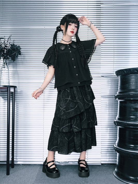 Gothic Black Asymmetrical Three-Tier Skirt with Sea Lily - Quirky Hut
