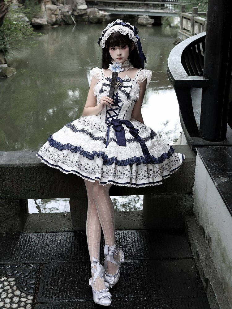 Blue and White Porcelain Corset Waist Lolita JSK Dress with Tassel Bows - Miss Han