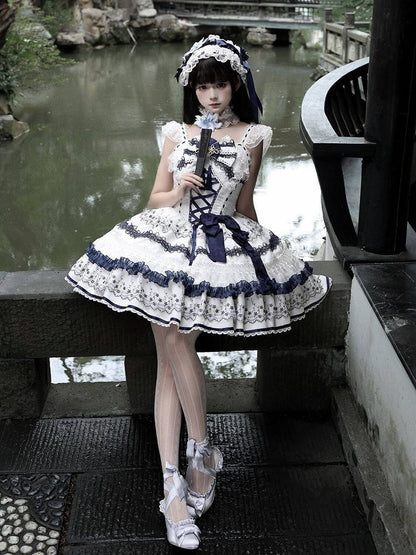 Blue and White Porcelain Corset Waist Lolita JSK Dress with Tassel Bows - Miss Han