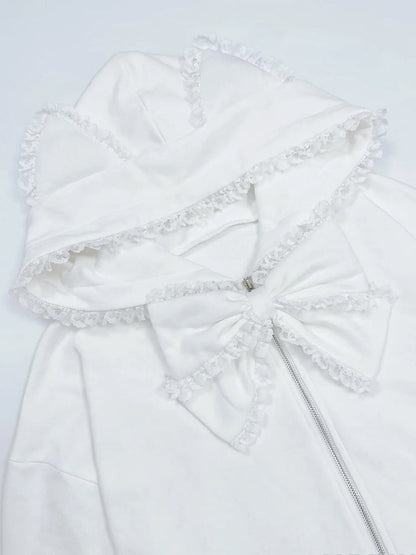 Jacket: Hood Kei Oversized Ears Cat Bow with Detachable Jirai Trim Lace White