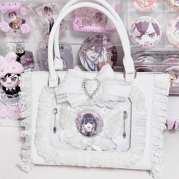 Kei Free Lace Bag Decorated Card Trim Ita with Holder Beaded Bowknot Heart Jirai White PVC