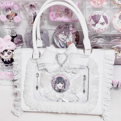 Kei Free Lace Bag Decorated Card Trim Ita with Holder Beaded Bowknot Heart Jirai White PVC