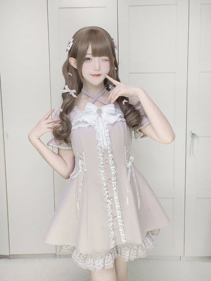 Dress Shorts Set: Buttons Coord Heart + Sweet Kei Jirai with Light Pink Shaped Halter