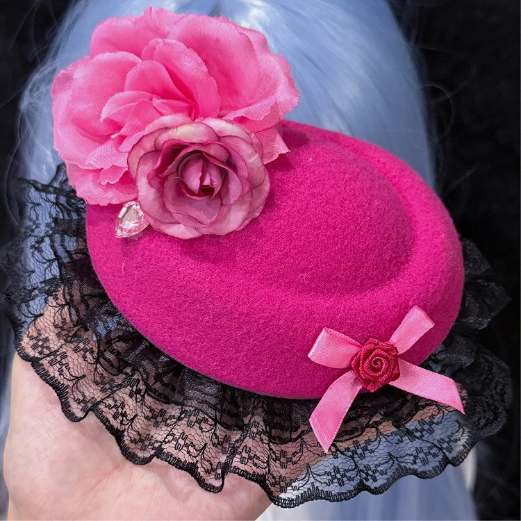 Lace Hat with Rose Bow Gyaru Magenta Black Fashion Mini
