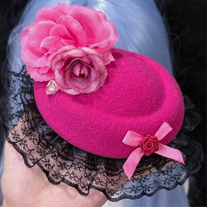 Lace Hat with Rose Bow Gyaru Magenta Black Fashion Mini