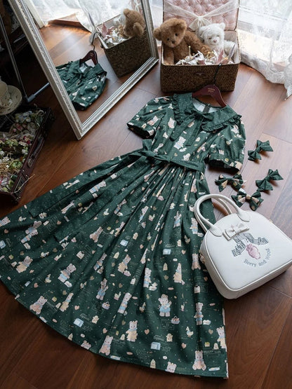 Bear Sleeves Long Dark Sweet Dress Print Version Lolita Short Green