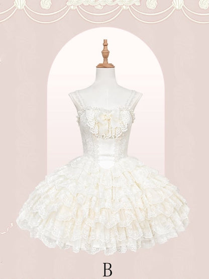 Cremiges Lolita-Kleid mit Jakobsmuschel-Rockbesatz, bestickt, Prinzessinnenkleid, gestuft