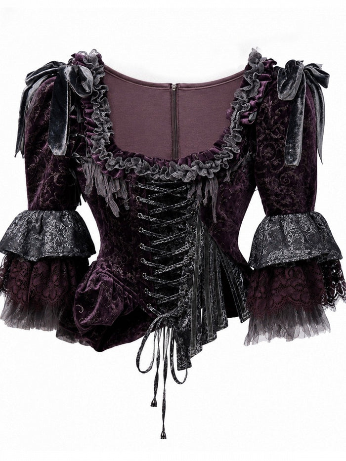 Velvet Boned Corset Top in Purple & Gray Lace Ruffle Trim with Detachable Sleeves - Blood Supply