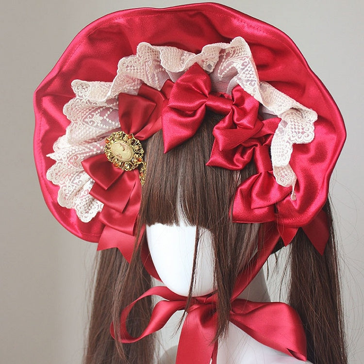 Red Satin Lace Trim Bonnet With Bowknot Hairclips
