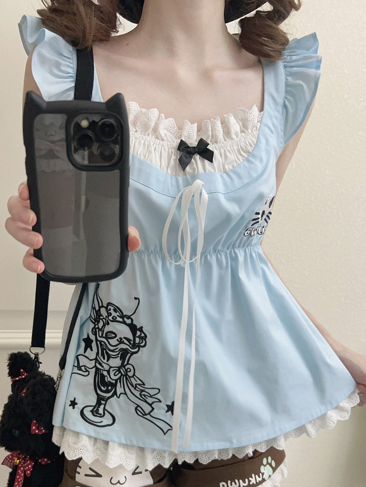 Daily Blue Two-piece with Kawaii Trim Sleeves T-shirt Lace Flutter