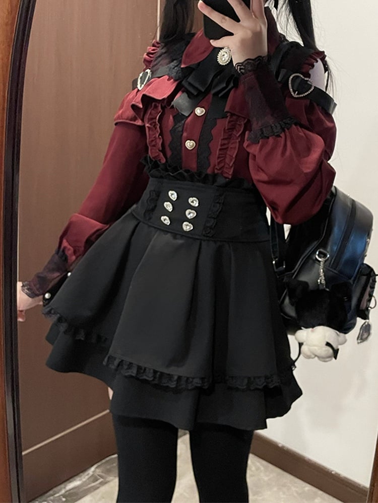 Jirai Button Blouse: Red Sweetheart Closure Wine Kei