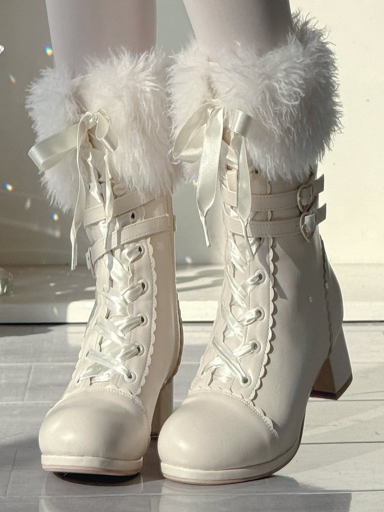 with Lolita Heart Dual Plush Buckle Boots White Fastening - Mid-Calf Elegant Cuff PU
