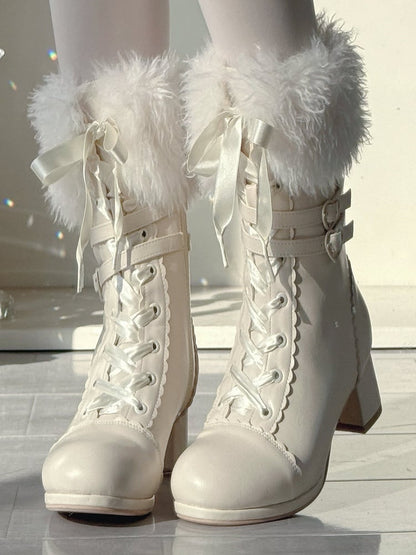 with Lolita Heart Dual Plush Buckle Boots White Fastening - Mid-Calf Elegant Cuff PU