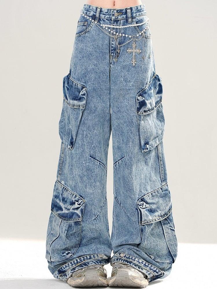 Wide-leg Pockets Cut Blue Cargo Design Jeans