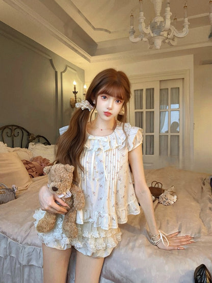 Dollcore Blouse Beige Floral  Ruffle Trim Print With