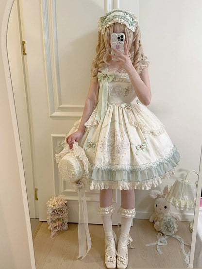 花柄ウエストハイスカート テディ刺繍ジャンパー ロリータと布の蝶結び