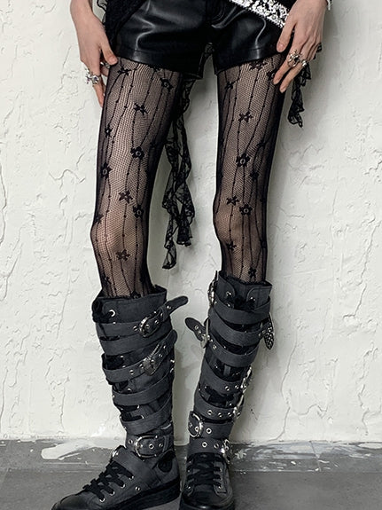 パターンフローラルタイツ Y2K ホワイト/ブラック フィッシュネット