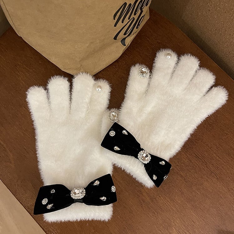 and Warm Fuzzy Decorations Gloves White/Black Rhinestone with Bow