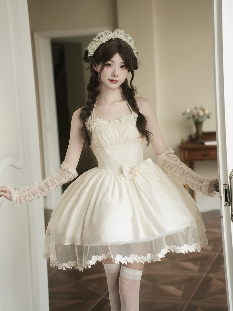 Baskenkleid Neckholder Sommer Beige Kurzer Hals Selbstbinden Stäbchen Taille