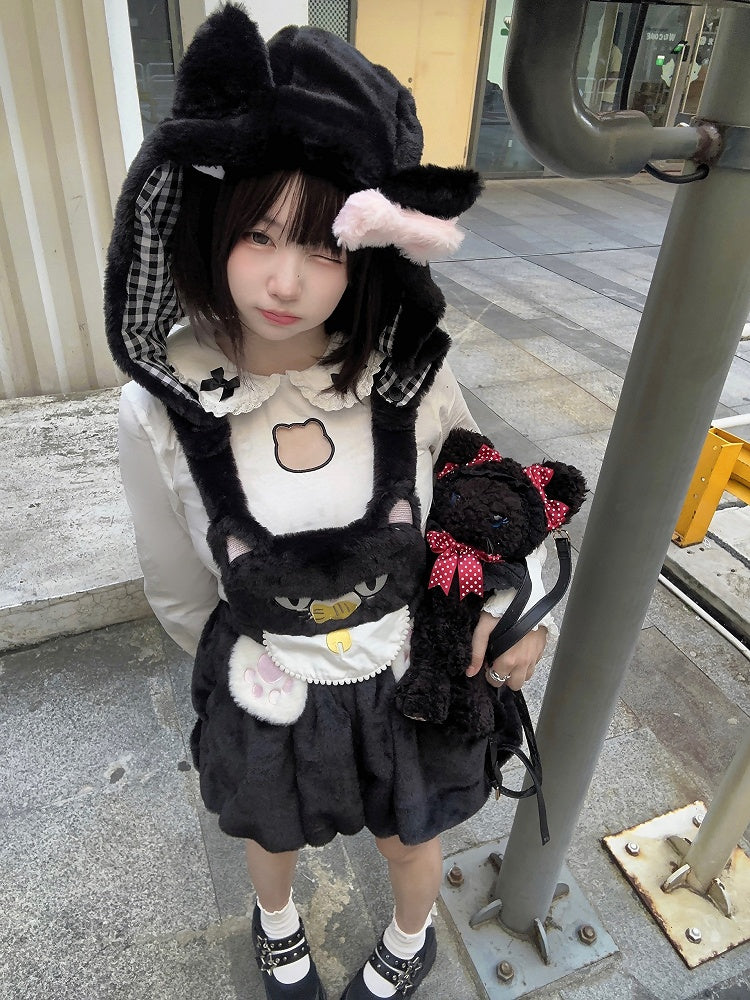 Detachable with Plush Paw Kawaii Soft Hood Cat-Ear Cat Embroidery Bloomer Shorts Overall Black