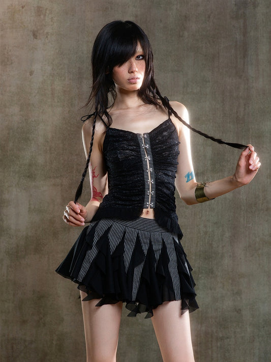 Top Black Floral Cami Gothic Frayed with Front Closure Embroidered Lace Hook-Eye Punk Straps