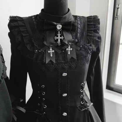 All black lace neckline with cross charms on gothic Lolita mini dress