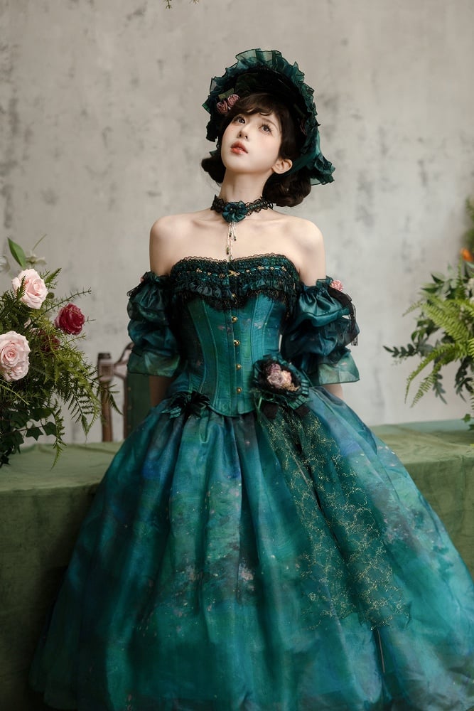 Green Vintage Oil Painting Vibes Boned Corset Top with Deatchable Straps