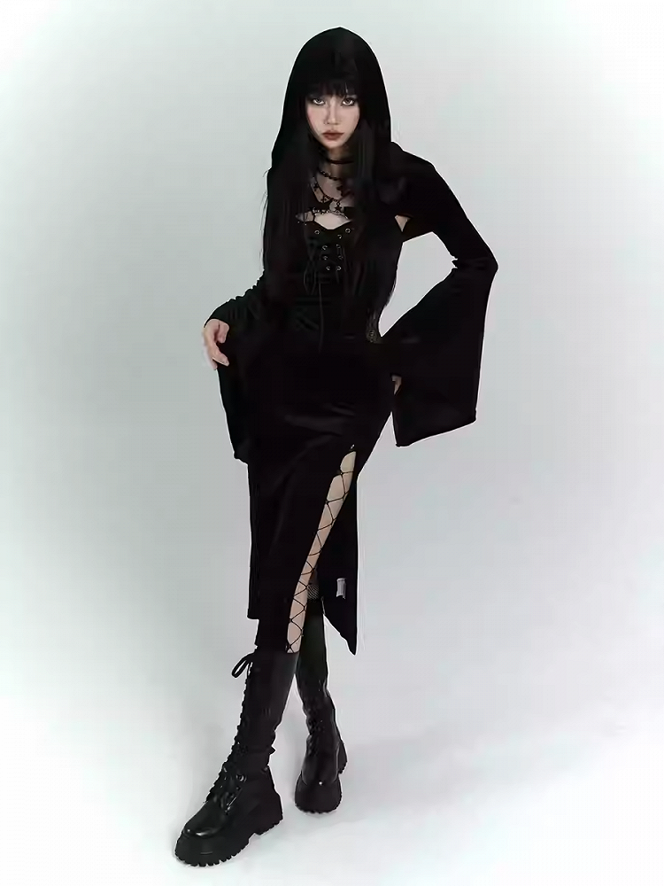 Gothic Black Velvet Side Slit Slip Dress with Bell Sleeves Hooded Top Set