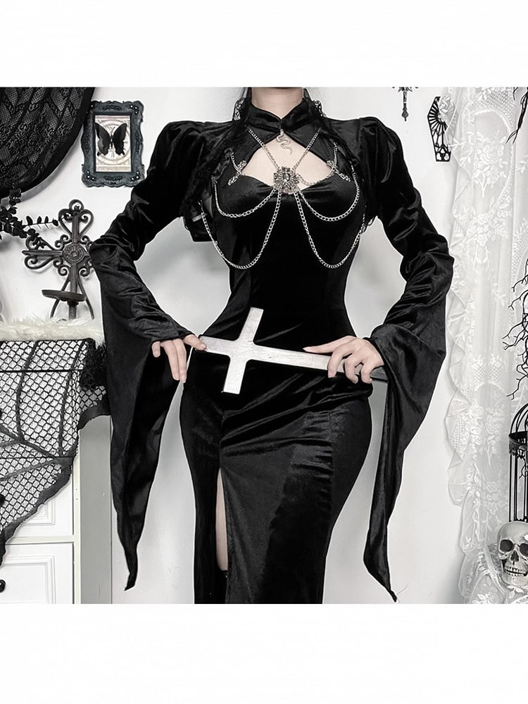 Gothic Trim Sleeve Detail Bell Black Shrug Chain Gem Halloween Lace with