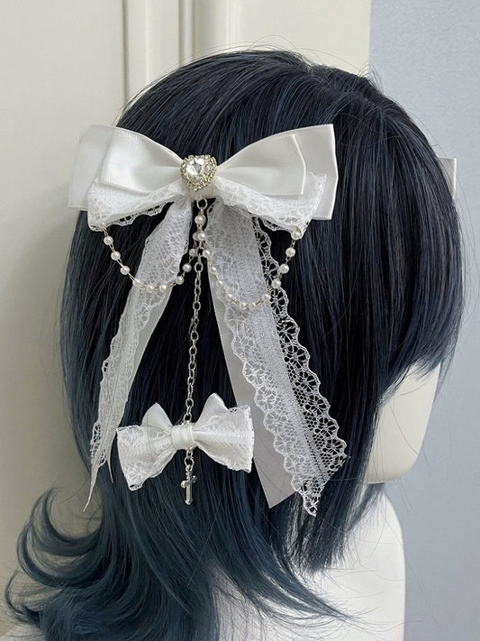 Dual Color Bow Bead Chain Hair Clip with Cross - Magic Diary