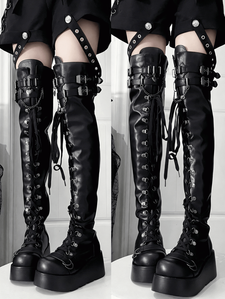 Boots - Front Matte Platform Up Punk Black Lace