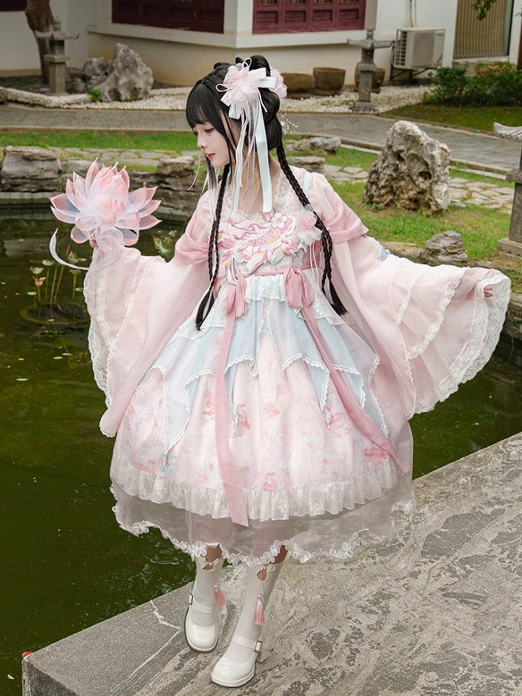 Lolita Overlay Floral Trim Edge Han with Scalloped Dress Golden JSK Blue Embroidery and Print Pink Fish