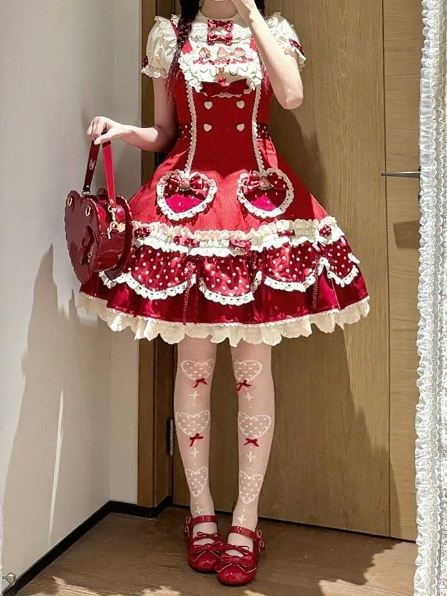 Strawberry-Print JSK Dress with Polka-Dot Bow & Peter Pan Collar Blouse Set - Day Rabbit