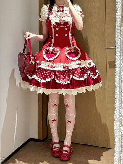 Strawberry-Print JSK Dress with Polka-Dot Bow & Peter Pan Collar Blouse Set - Day Rabbit