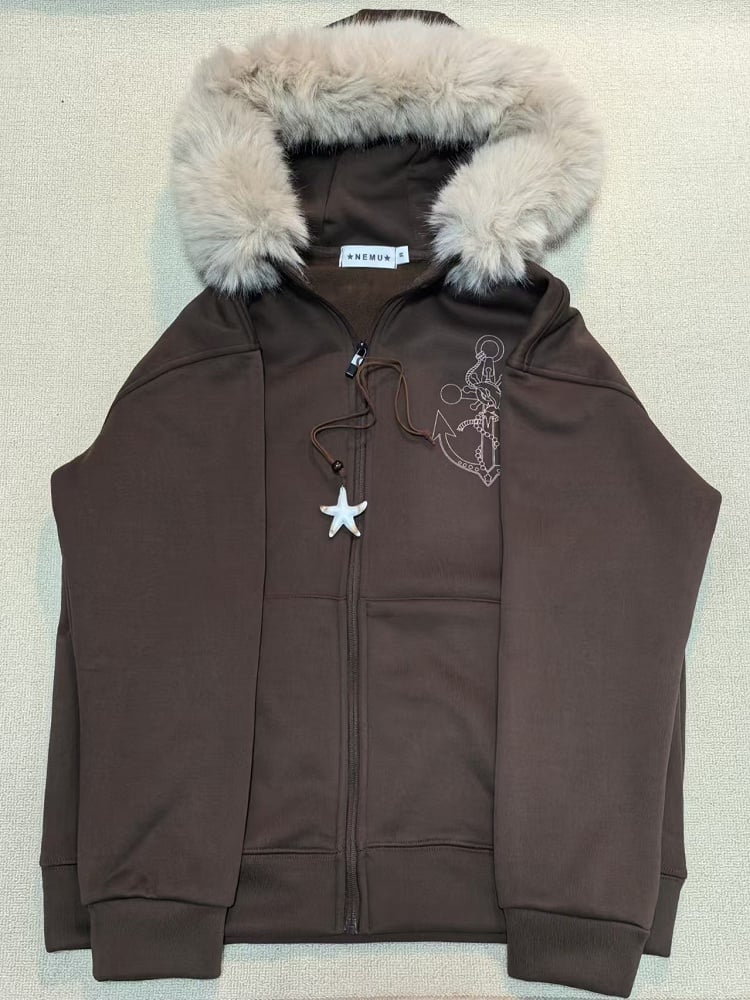Necklace Fur-Collar Casual Starfish Anchor-Print Hoodie with Jirai Kei Zip Coffee