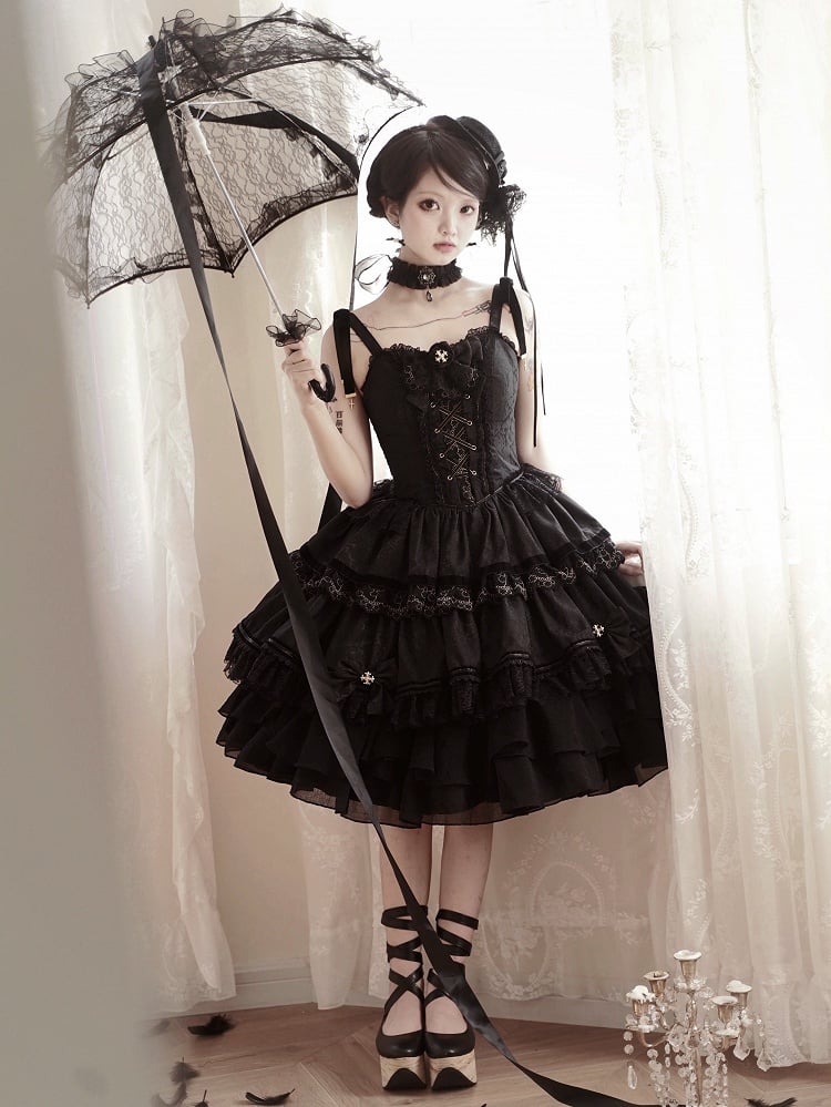 Kuro Lolita Natural Waist Princess Corset Jumper Skirt in Black, Size S - Golden Koi Forest